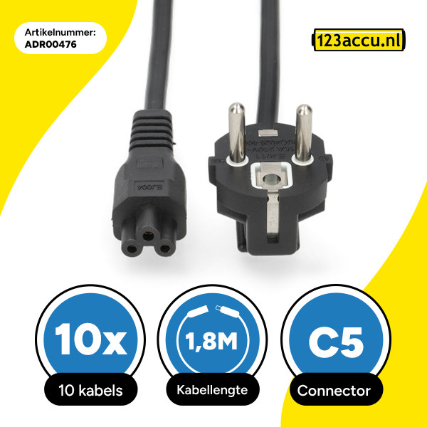 10 stuks: C5 EU-kabel voor netstroom (1.8 meter, Haaks, 123accu huismerk) ADR00476 - 1