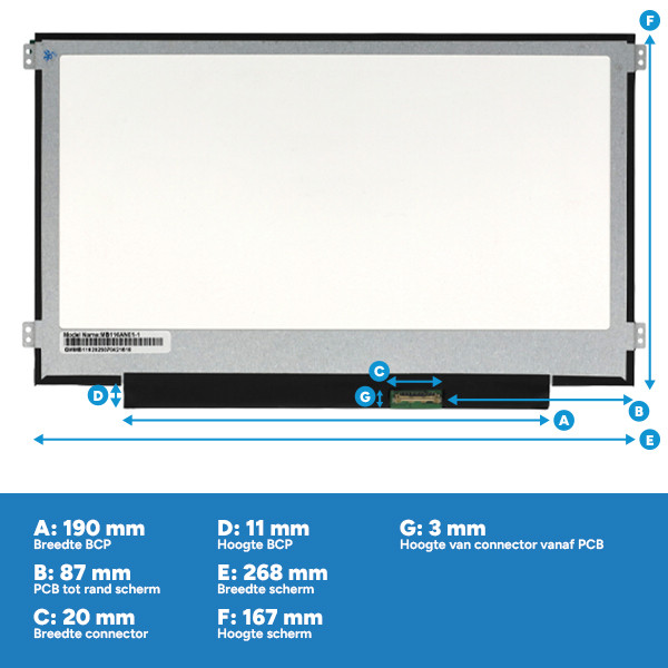 Laptop LCD scherm 11,6" | 1366 x 768 | Slimline | Mat | 30-pins eDP connector | Brackets left/right ADR00328 - 3