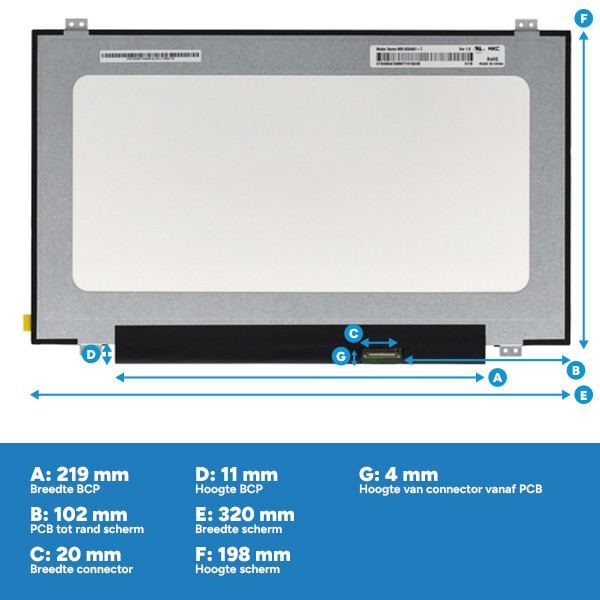 Laptop LCD scherm 14" | 1366 x 768 | Slimline | Mat | 30-pins eDP connector | Brackets up/down ADR00322 - 3