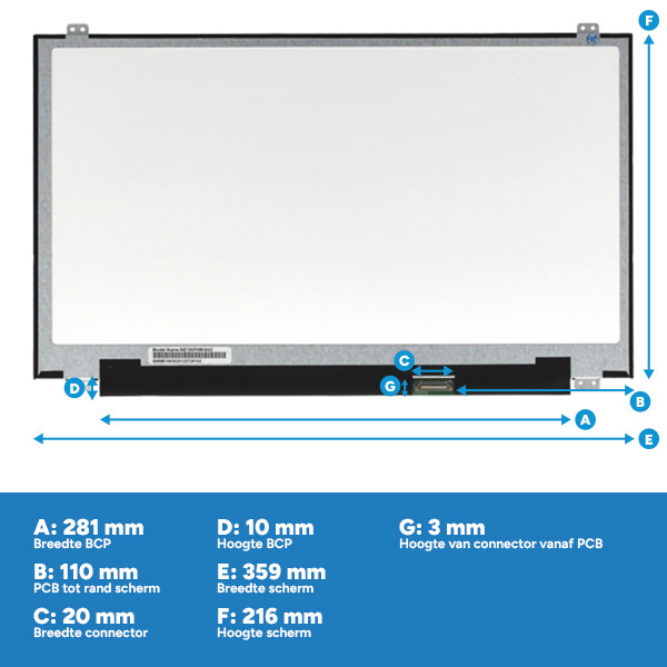 Laptop LCD scherm 15,6" | 1920 x 1080 | Slimline | Mat | 30-pins eDP connector | Brackets up/down ADR00320 - 3