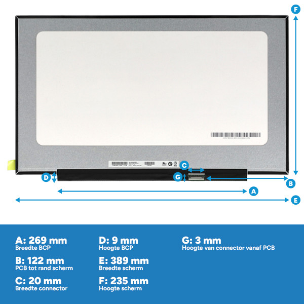 Laptop LCD scherm 17,3" | 1600 x 900 | Slimline | Mat | 30-pins eDP connector | Geen brackets ADR00341 - 3