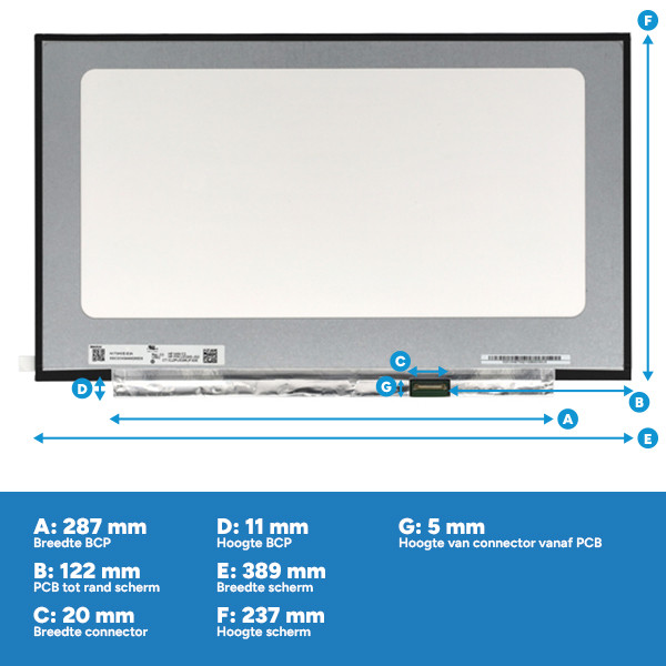 Laptop LCD scherm 17,3" | 1920 x 1080 | Slimline IPS | Mat | 30-pins eDP connector | Geen brackets ADR00325 - 3