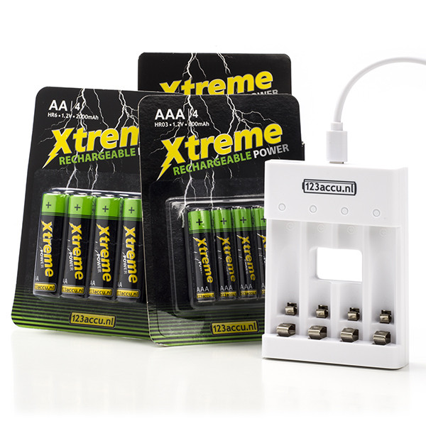 123accu Xtreme Power AA / HR6 en AAA / HR03 + USB Lader 8 stuks  ADR00071 - 
