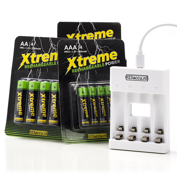 123accu Xtreme Power AA / HR6 en AAA / HR03 + USB Lader 8 stuks  ADR00071 - 1