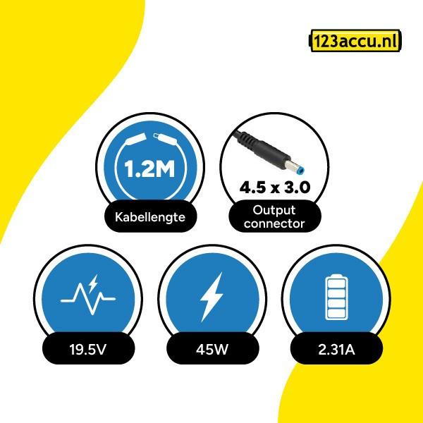 123accu vervangt HP adapter (19.5 V, 2.31 A, 45 W, 4.5 x 3.0 plugmaat) AHP00773 - 4
