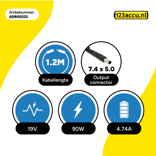 123accu vervangt HP adapter (19 V, 4.74 A, 90 W, 7.4 x 5.0 plugmaat) ADR00233 - 3