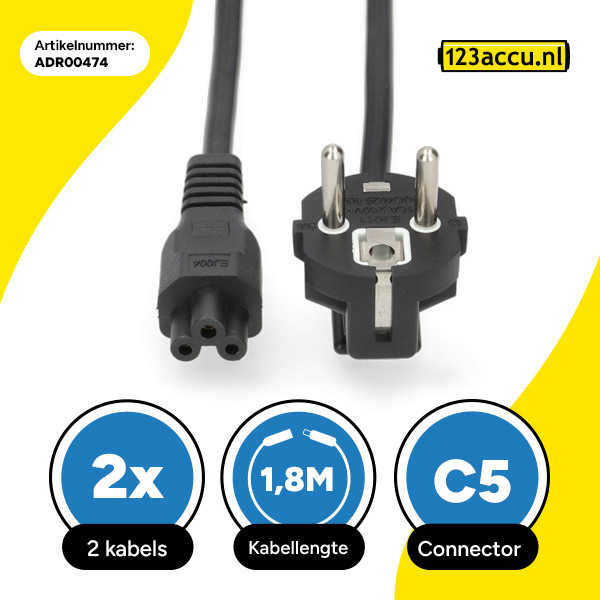 2 stuks: C5 EU-kabel voor netstroom (1.8 meter, Haaks, 123accu huismerk) ADR00474 - 1