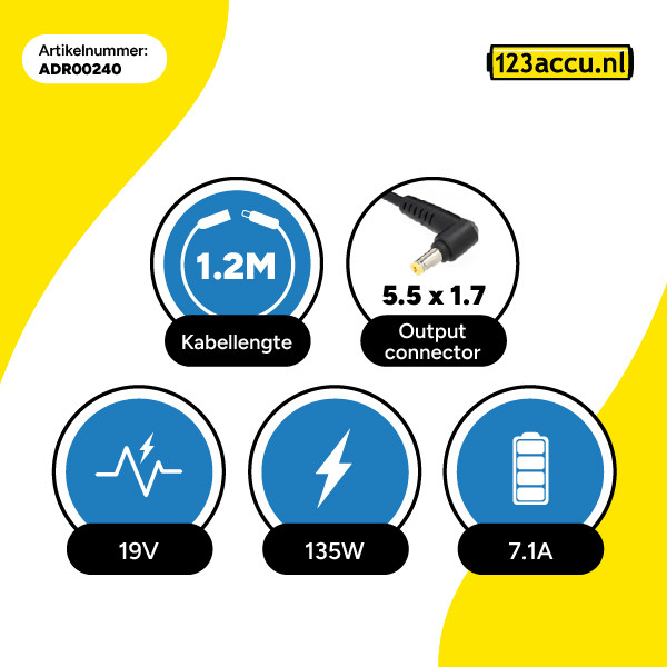 Acer adapter (19 V, 7.1 A, 135 W, 123accu huismerk)  ADR00240 - 3