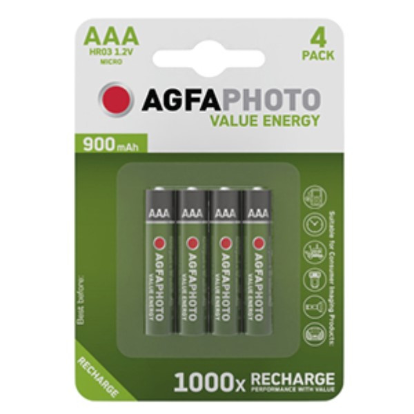 lijden Zeep flauw Agfaphoto Oplaadbare AAA / HR03 Ni-Mh Batterijen (4 stuks, 900 mAh)  AgfaPhoto 123accu.nl