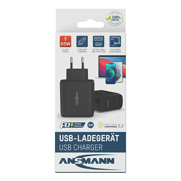 Ansmann GaN USB snellader 65W (1x USB-C PD3.0, 1x USB-A QC3.0) AAN00236 - 3