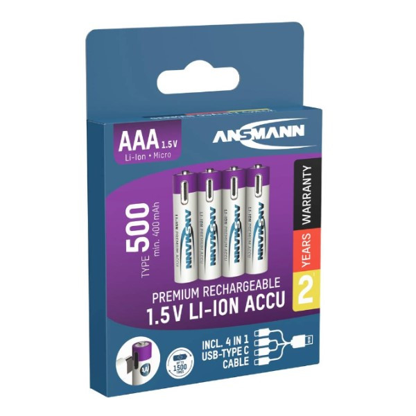 Ansmann USB-C Oplaadbare AAA 1,5V Li-ion Batterijen (4 stuks, 400 mAh)  AAN00096 - 1
