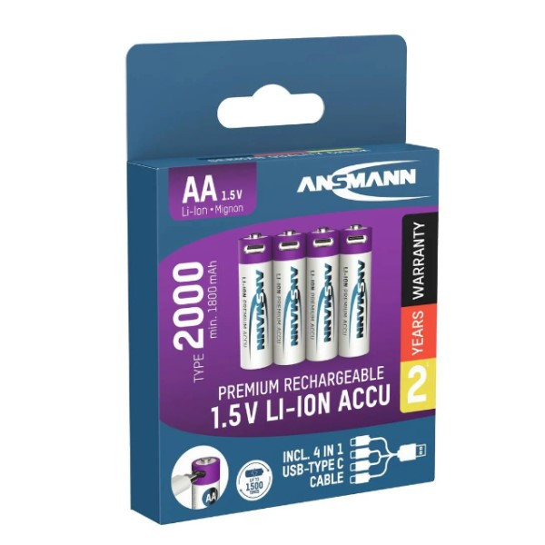 Ansmann USB-C Oplaadbare AA 1,5V Li-ion Batterijen (4 stuks, 1800 mAh)  AAN00094 - 1