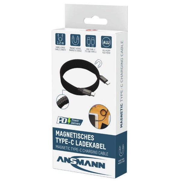 Ansmann USB-C naar USB-C magnetische oplaadkabel 1,2 meter (60W, zwart) AAN00312 - 2