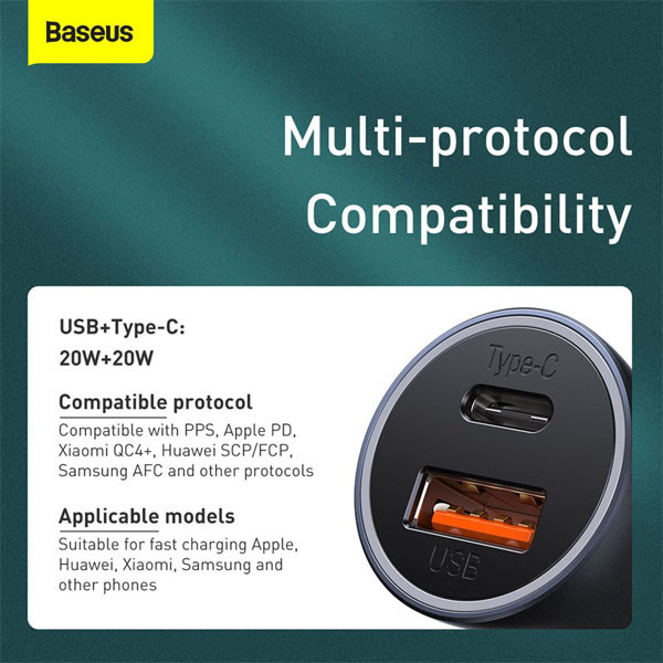 Baseus Pro 2-poorts USB auto snellader USB-A en USB-C (40W, donkergrijs)  ABA00160 - 4