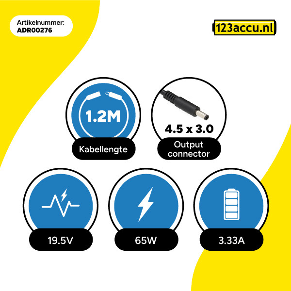 Dell adapter (19.5 V, 3.33 A, 65 W, 4.5 x 3.0 plugmaat, 123accu huismerk) ADR00276 - 3
