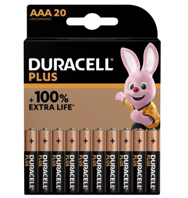Duracell Plus 100% Extra Life AAA / MN2400 / LR03 Alkaline Batterij (20 stuks)  ADU00223 - 1