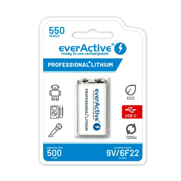 EverActive USB-C oplaadbaar E-block 9V (1 stuk, 500 mAh) AEV00081 - 1