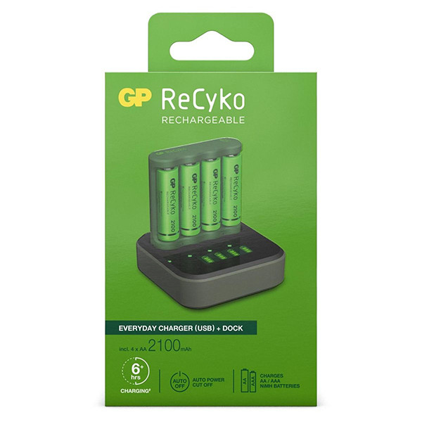 GP Dock + GP ReCyko Oplaadbare AA Ni-Mh Batterijen (4 2100 mAh) GP 123accu.nl