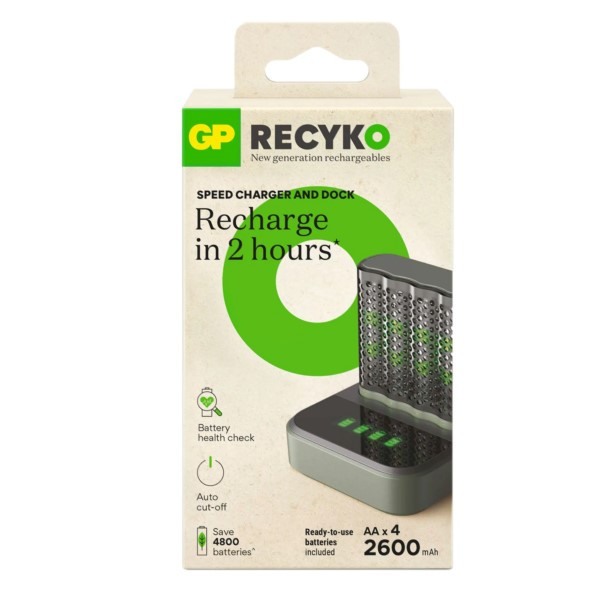 GP Dock Snellader + GP ReCyko Oplaadbare AA Ni-Mh Batterijen (4 stuks, 2600 mAh)  AGP00112 - 1