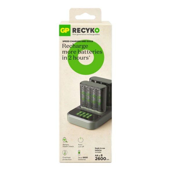 GP Dock Snellader + GP ReCyko Oplaadbare AA Ni-Mh Batterijen (8 stuks, 2600 mAh)  AGP00106 - 