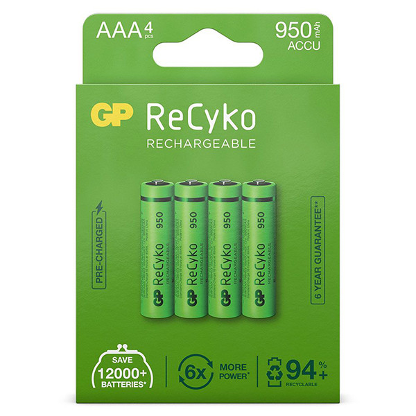 GP ReCyko Oplaadbare AAA / HR03 Ni-Mh Batterijen (4 stuks, 950 mAh)  AGP00115 - 1