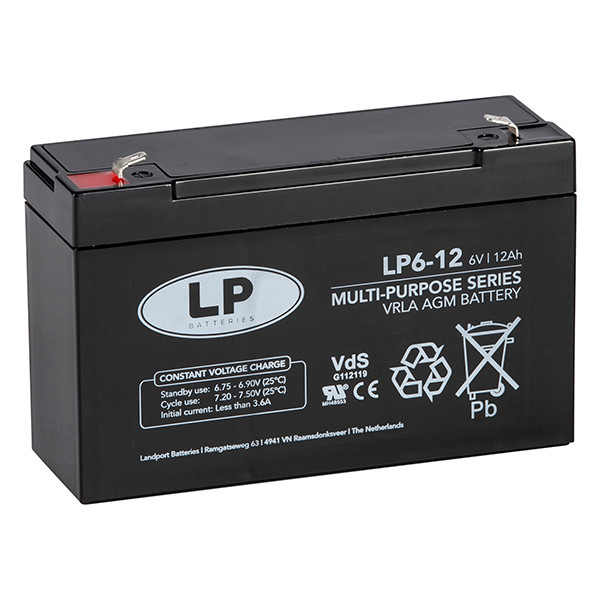 Landport LP6-12 VRLA AGM Loodaccu (6V, 12 Ah, T1 terminal)  ALA00172 - 1