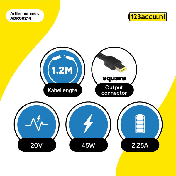 Lenovo 45W Square tip adapter inclusief netsnoer (20 V, 2.25 A, 45 W, 123accu huismerk) ALE01001 - 4