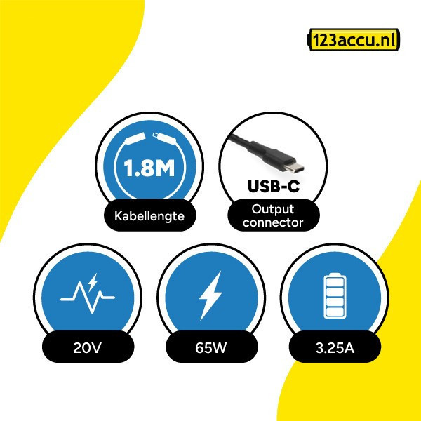Lenovo USB-C 65W / QC 3.0 oplader (5 V - 20 V, 3.25 A, 65 W, 123accu huismerk) ALE00550 - 2