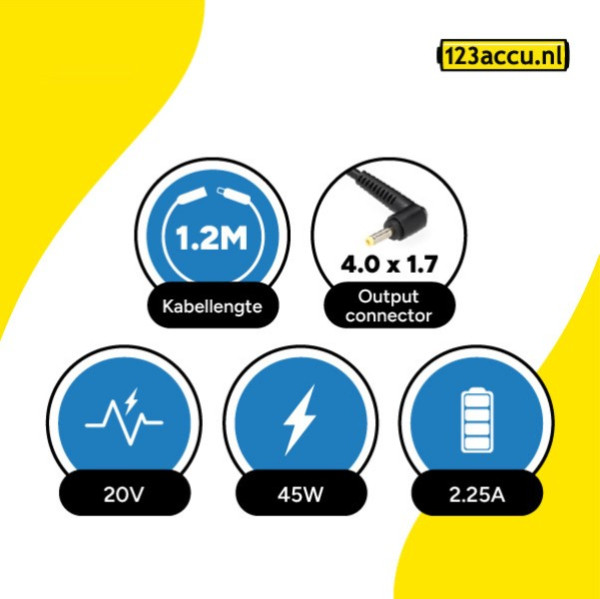 Lenovo adapter (20 V, 2.25 A, 45 W, 4.0 x 1.7 plugmaat, 123accu huismerk) ALE00069 - 4