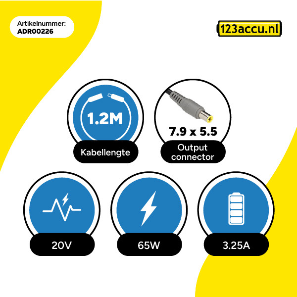 Lenovo adapter (20 V, 3.25 A, 65 W, 123accu huismerk) ADR00226 - 3