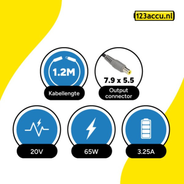 Lenovo adapter (20 V, 3.25 A, 65 W, 7.9 x 5.5 plugmaat, 123accu huismerk) ALE00072 - 4