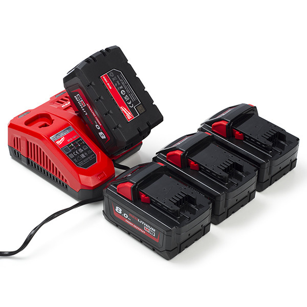 EOL- HNRG Pack: 4x Milwaukee M18 HB8 High Output accu's + lader (18 V, 8.0 Ah, origineel) AMI00616 - 1