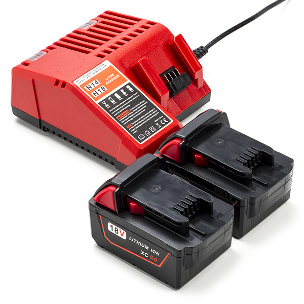NRG Pack: 2x Milwaukee M18 B5 / 4932430483 accu's + lader (18 V, 5.0 Ah, 123accu huismerk)  AMI00589 - 1