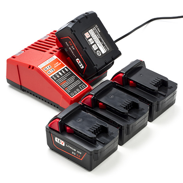 NRG Pack: 4x Milwaukee M18 B5 / 4932430483 accu's + lader (18 V, 5.0 Ah, 123accu huismerk)  AMI00578 - 1