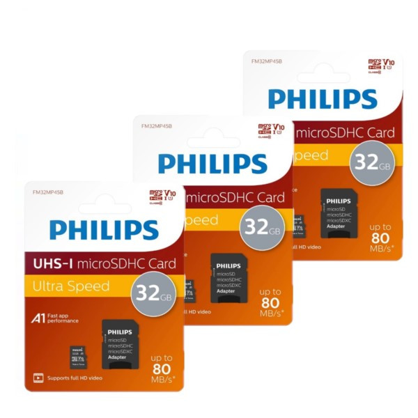 Philips Micro SDHC geheugenkaarten / class 10 / UHS-I / A1 / inclusief adapter (32GB, 3 stuks) APH00673 - 1