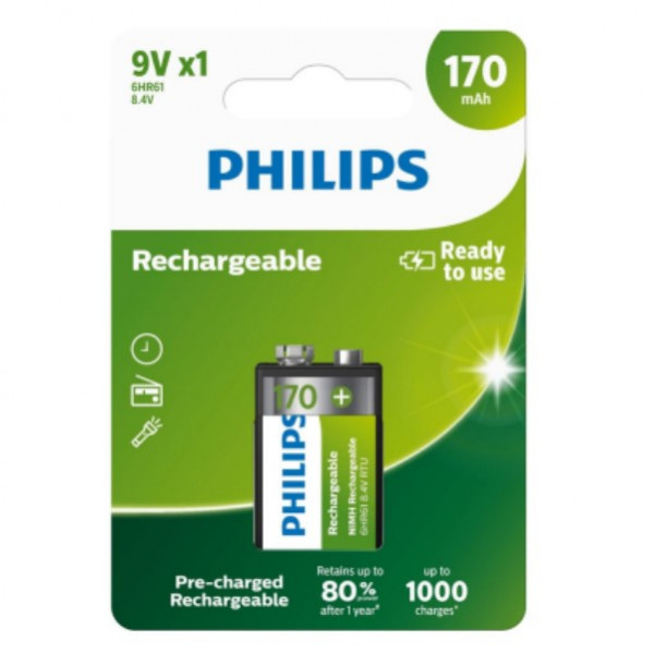 Philips Oplaadbare 9V / E-block / 6HR61 Ni-Mh Batterij (1 stuk, 170 mAh)  APH00369 - 1