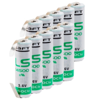 10 stuks: Saft LS14500 / LS14500CNR / AA batterijen met U-tag soldeerlippen (3.6 V, 2600 mAh, Li-SOCl2) ASA02502
