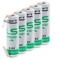 5 stuks: Saft LS14500 / LS14500CNR / AA batterijen met U-tag soldeerlippen (3.6 V, 2600 mAh, Li-SOCl2) ASA02501