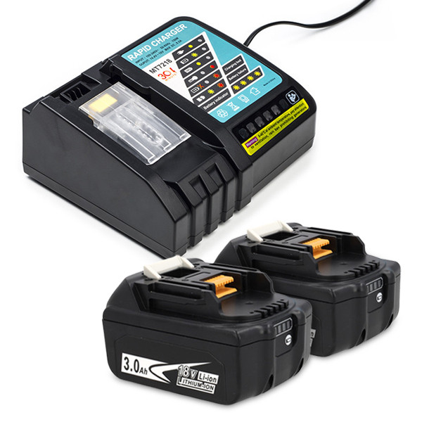 Startset: 2x Makita BL1830B / 18V LXT accu's + lader (18 V, 3.0 Ah, 123accu huismerk) AMA00508 - 1