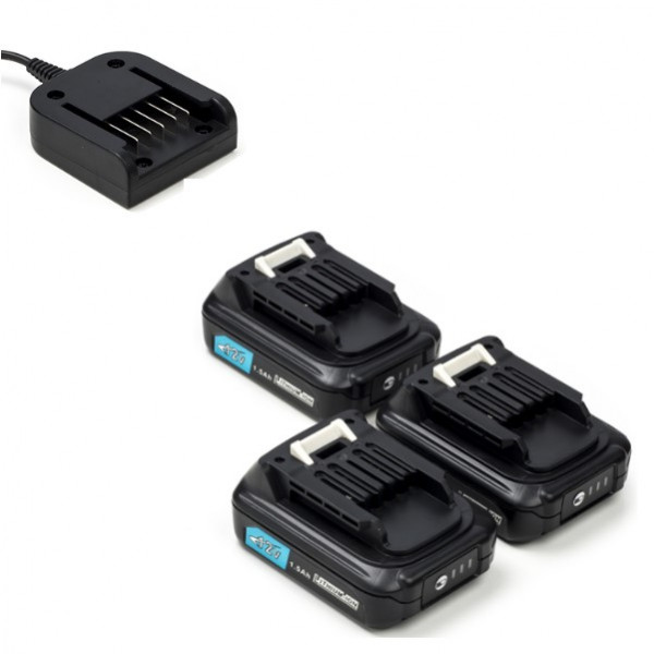 Startset: 3x Makita BL1021B CXT accu's + lader (12 V, 1.5 Ah, 123accu huismerk)  AMA00557 - 1