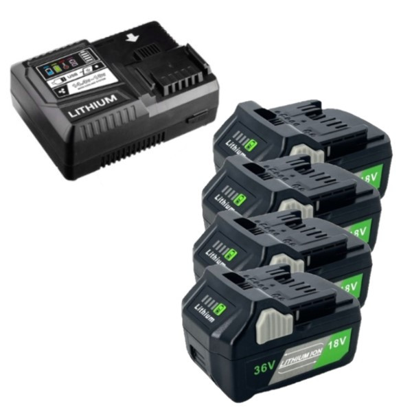Startset: 4 stuks Hikoki Multivolt BSL36A18 / BSL36B18 accu's + lader (18V - 36V, 6.0 Ah - 3.0 Ah, 123accu huismerk) AHI00333 - 1