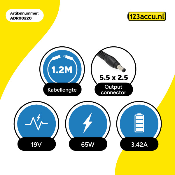 Toshiba Dynabook adapter (19 V, 3.42 A, 65 W, 5.5 x 2.5 plugmaat, 123accu huismerk) ADR00220 - 3