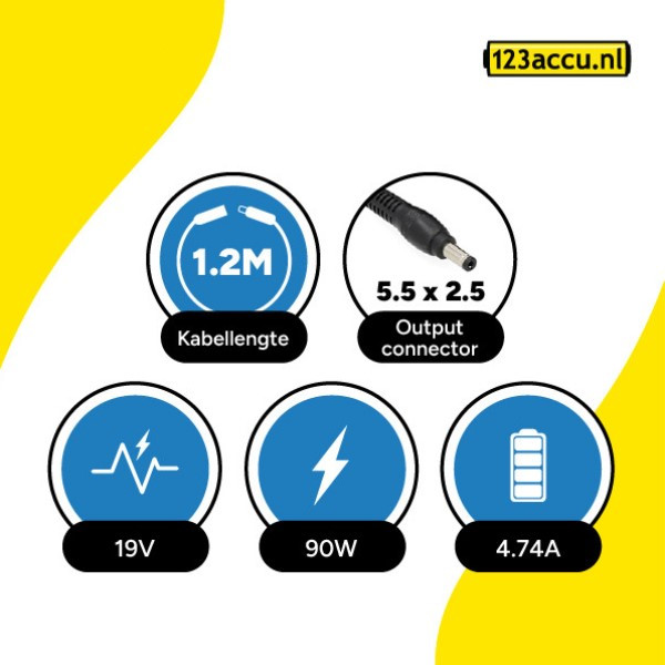 Toshiba Dynabook adapter (19 V, 4.74 A, 90 W, 5.5 x 2.5 plugmaat, 123accu huismerk) ATO00060 - 4