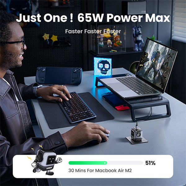 UGREEN Robot GaN Fast Charger 65W zwart (1x USB QC4.0, 2x USB-C QC4.0)  AUG00025 - 3