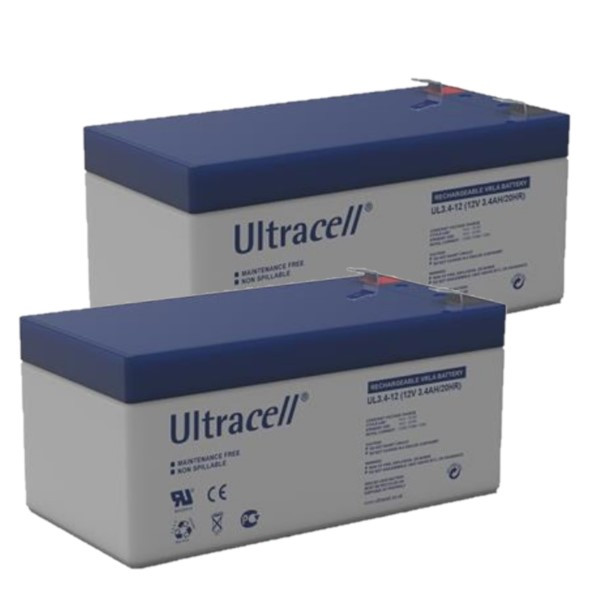 Ultracell 2 Stuks: Ultracell UL3.4-12 VRLA AGM Loodaccu's (12V, 3.4 Ah, T1 terminal)  AUL00083 - 1