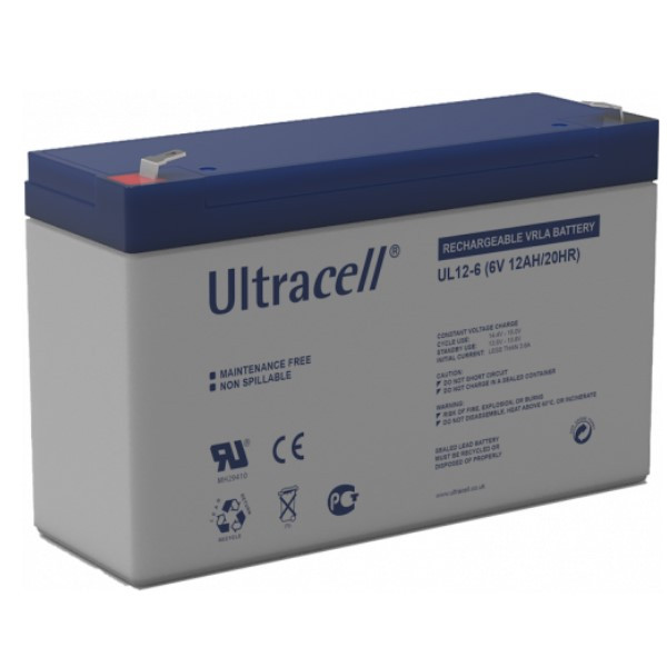 Ultracell UL12-6 VRLA AGM Loodaccu (6V, 12 Ah, T1 terminal)  AUL00028 - 1