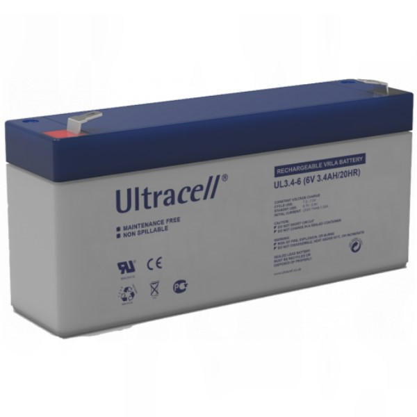 Ultracell UL3.4-6 VRLA AGM Loodaccu (6V, 3.4 Ah, T1 terminal)  ANB00560 - 