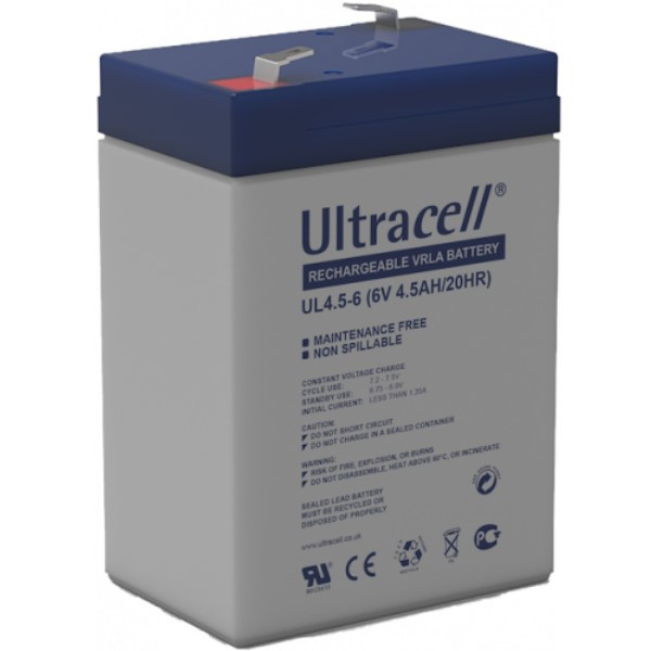 Ultracell UL4.5-6 VRLA AGM Loodaccu (6V, 4.5 Ah, T1 terminal)  ANB00549 - 1