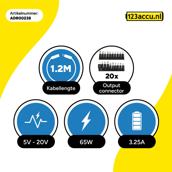 Universele 65W adapter met 20 aansluitingen (20 V, 3.25 A, 65 W, 123accu huismerk) ADR00238 - 3