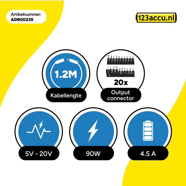 Universele 90W adapter met 20 aansluitingen (20 V, 4.5 A, 90 W, 123accu huismerk) ADR00239 - 3